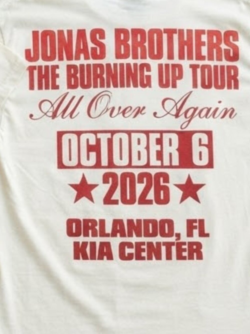 Jonas Brothers The Burning Up Tour All Over Again Orlando FL 2026 Cream T-Shirt - Picture 3 of 3